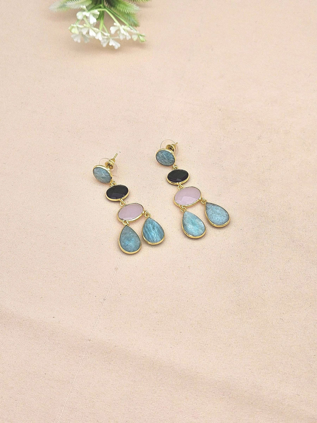 Fine Handcrafted Gold plated Amazonite-Green Glass-Rose Quartz stone light weight Dangle Drop Earrings