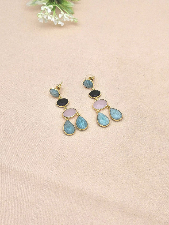 Fine Handcrafted Gold plated Amazonite-Green Glass-Rose Quartz stone light weight Dangle Drop Earrings