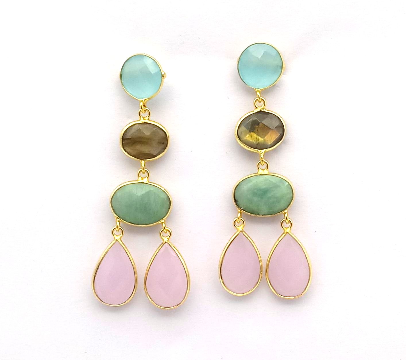 Fine Handcrafted Gold plated Chalcedony-Labradorite-Amazonite-Rose Qtz stone light weight Dangle Drop Earrings