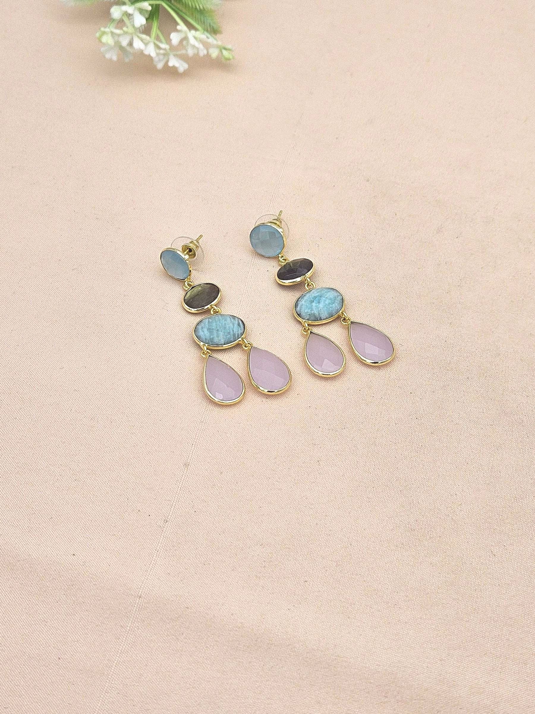 Fine Handcrafted Gold plated Chalcedony-Labradorite-Amazonite-Rose Qtz stone light weight Dangle Drop Earrings