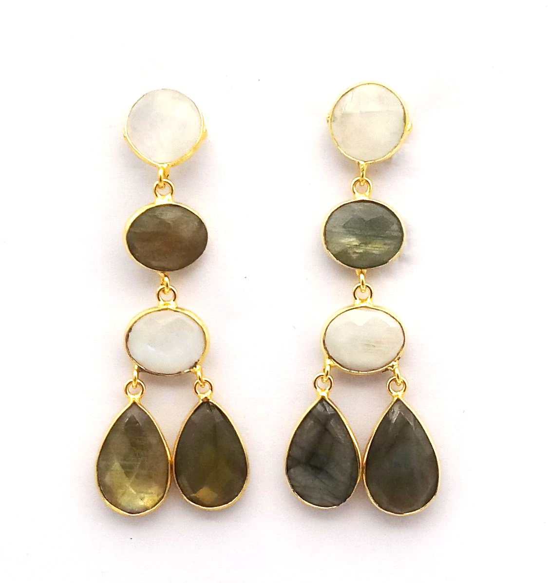 Fine Handcrafted Gold plated White Rainbow-Labradorite stone light weight Dangle Drop Earrings