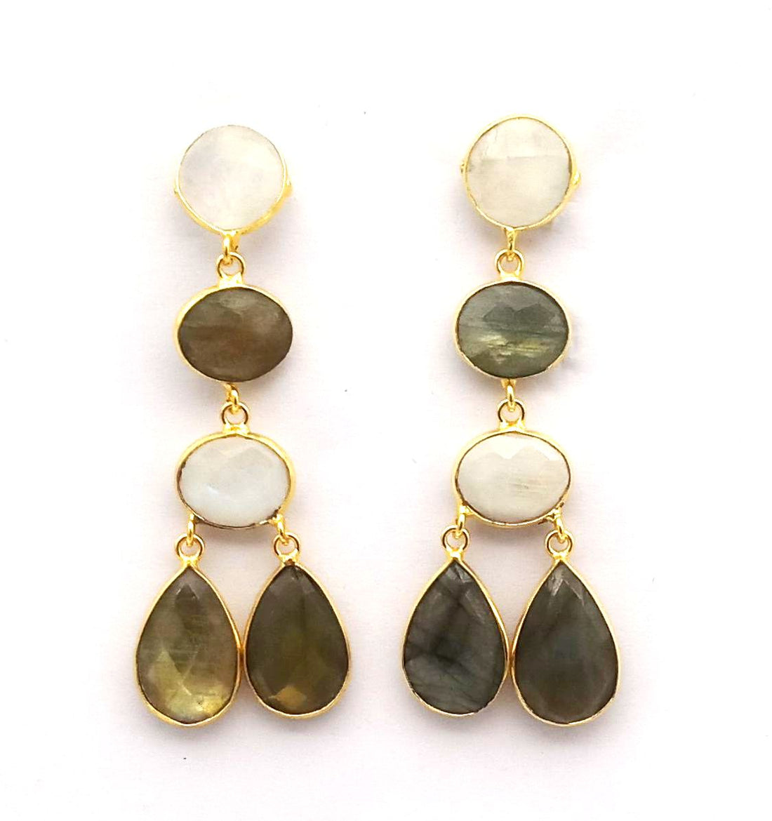 Fine Handcrafted Gold plated White Rainbow-Labradorite stone light weight Dangle Drop Earrings