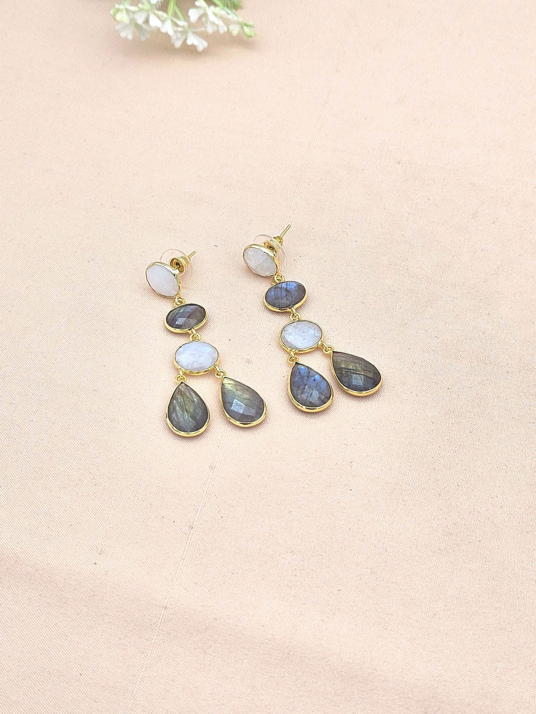 Fine Handcrafted Gold plated White Rainbow-Labradorite stone light weight Dangle Drop Earrings