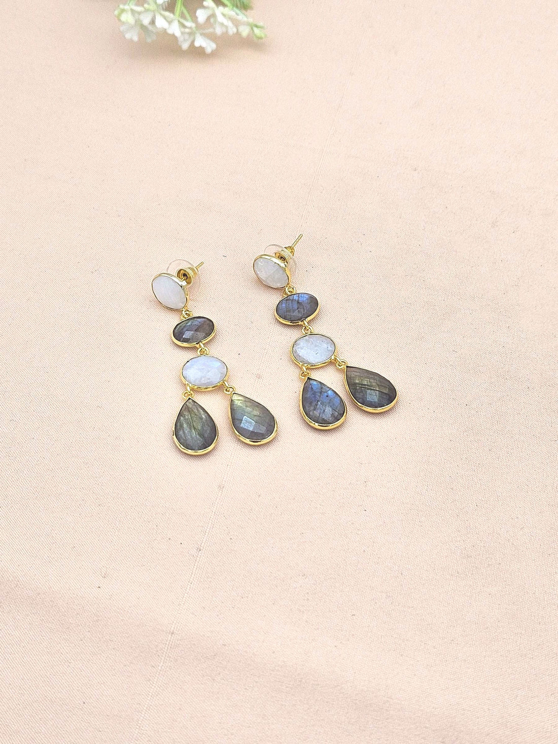 Fine Handcrafted Gold plated White Rainbow-Labradorite stone light weight Dangle Drop Earrings