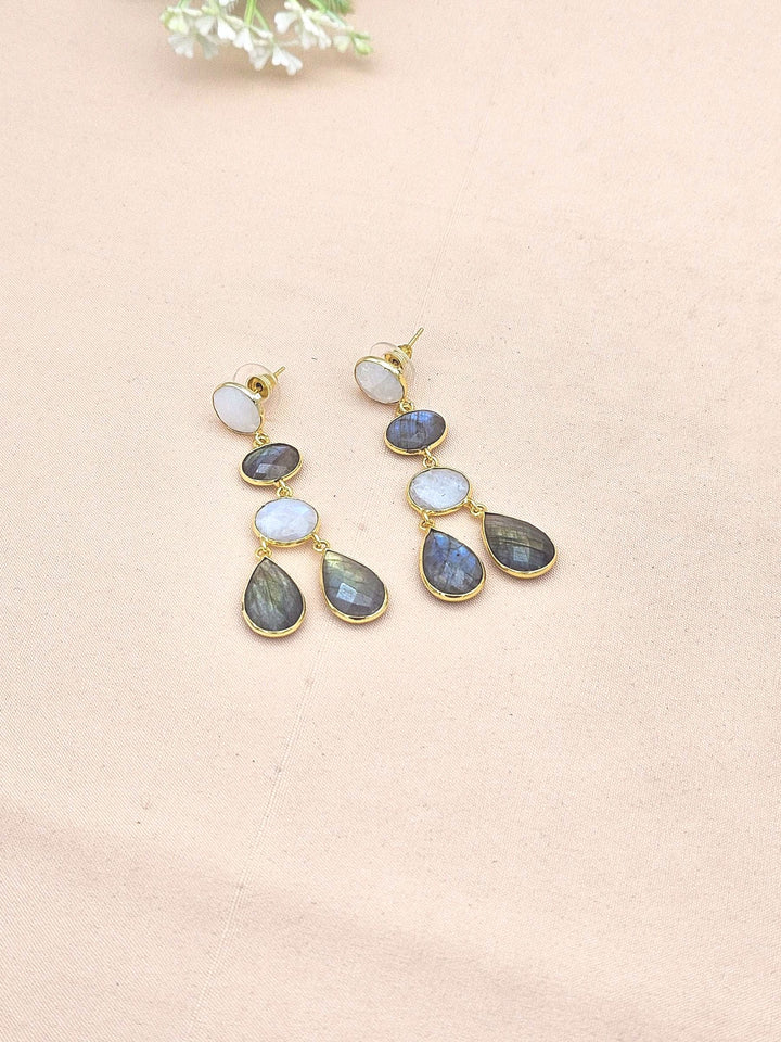 Fine Handcrafted Gold plated White Rainbow-Labradorite stone light weight Dangle Drop Earrings