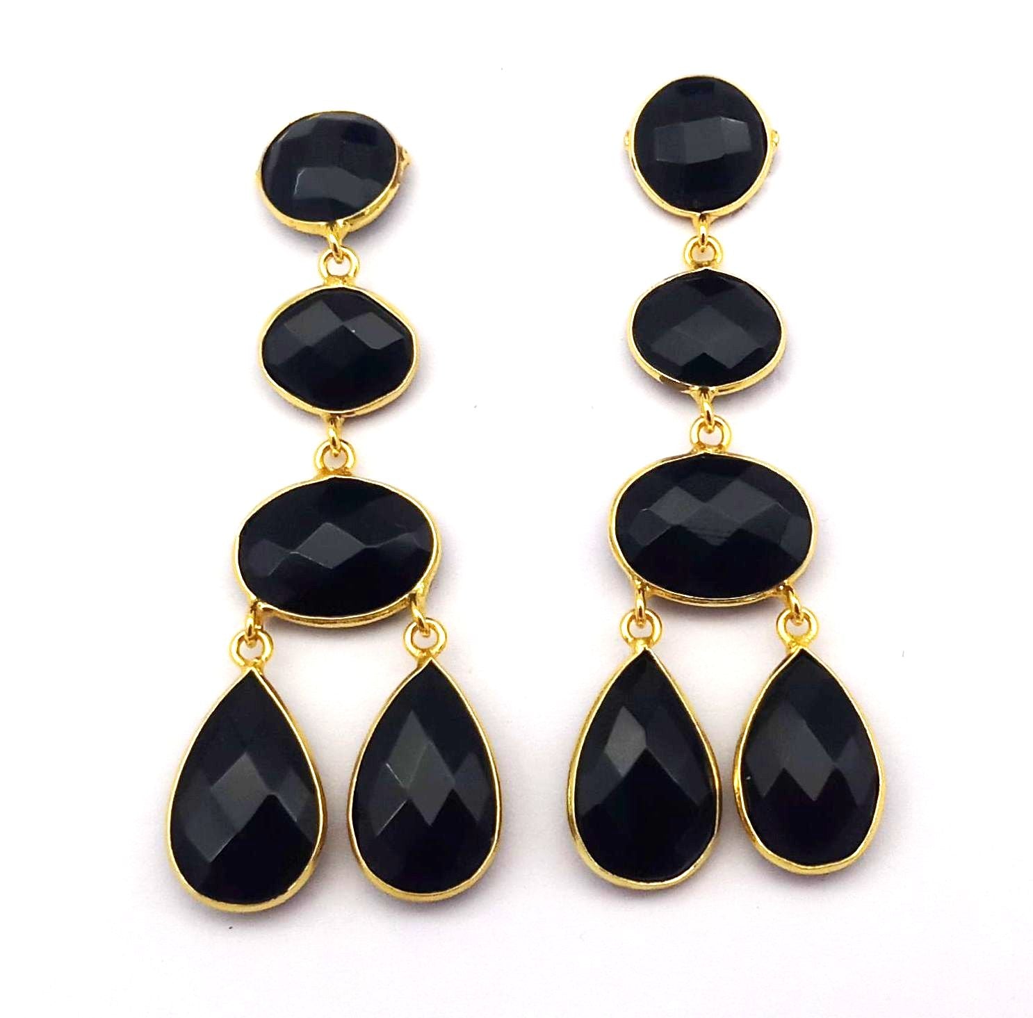 Fine Handcrafted Gold plated Black Onyx stone light weight Dangle Drop Earrings