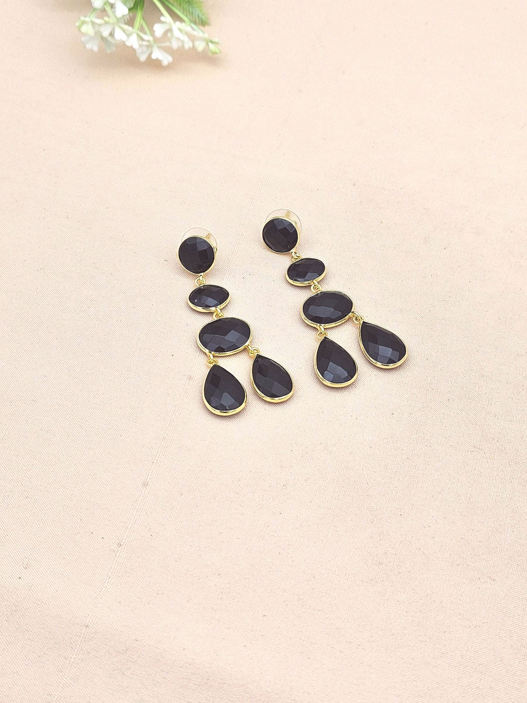 Fine Handcrafted Gold plated Black Onyx stone light weight Dangle Drop Earrings