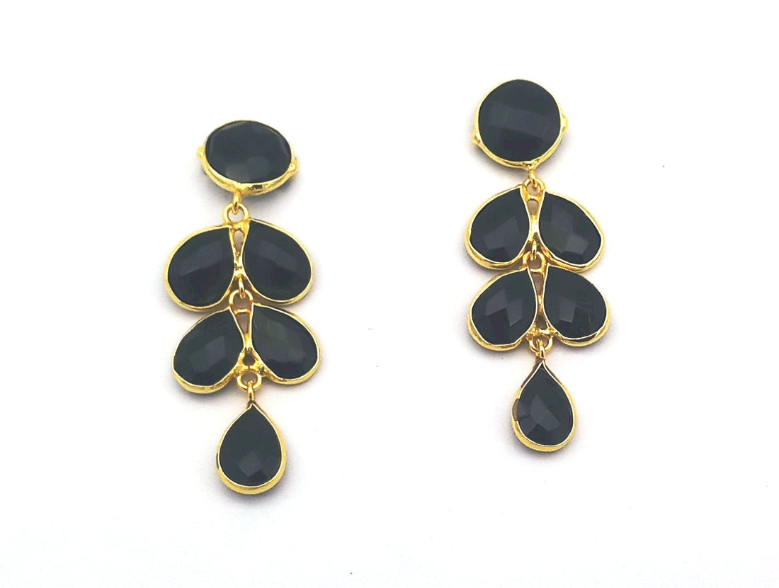 Fine Handcrafted Gold plated Black Glass stone light weight Leaf Designer Dangle Drop Earrings