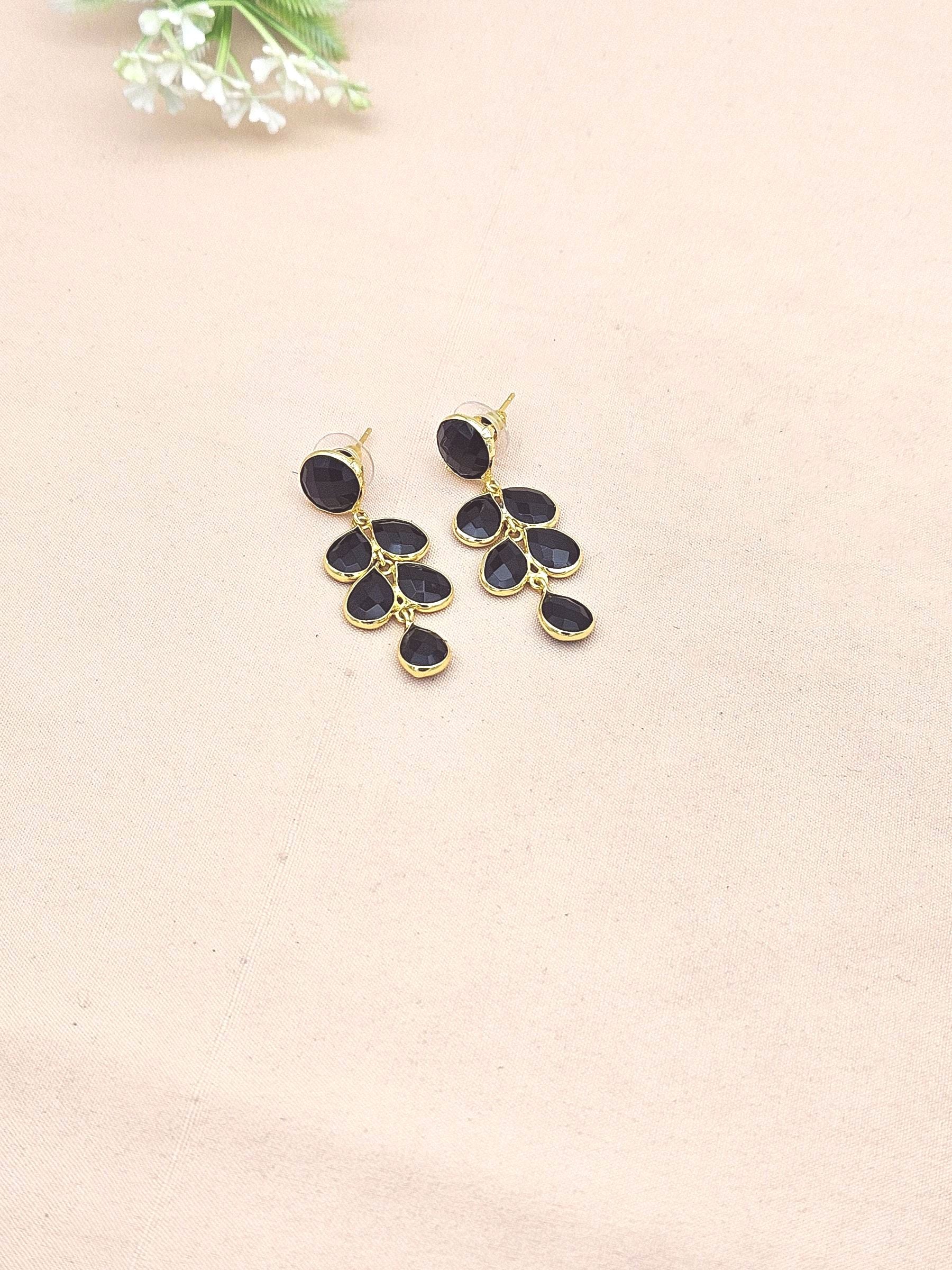 Fine Handcrafted Gold plated Black Glass stone light weight Leaf Designer Dangle Drop Earrings
