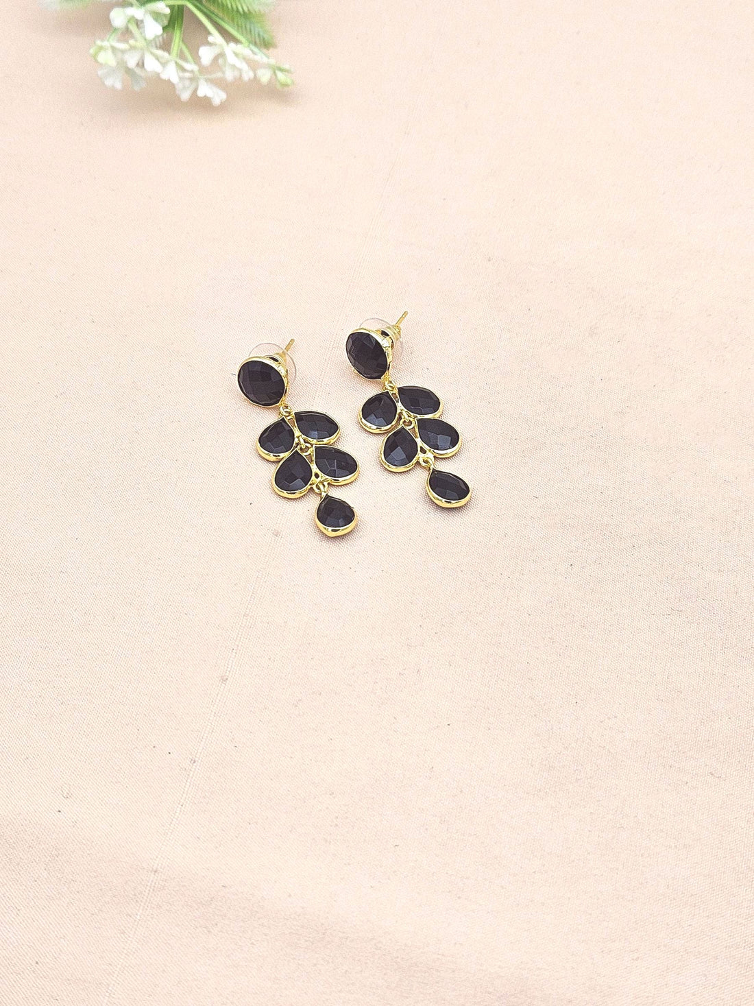 Fine Handcrafted Gold plated Black Glass stone light weight Leaf Designer Dangle Drop Earrings