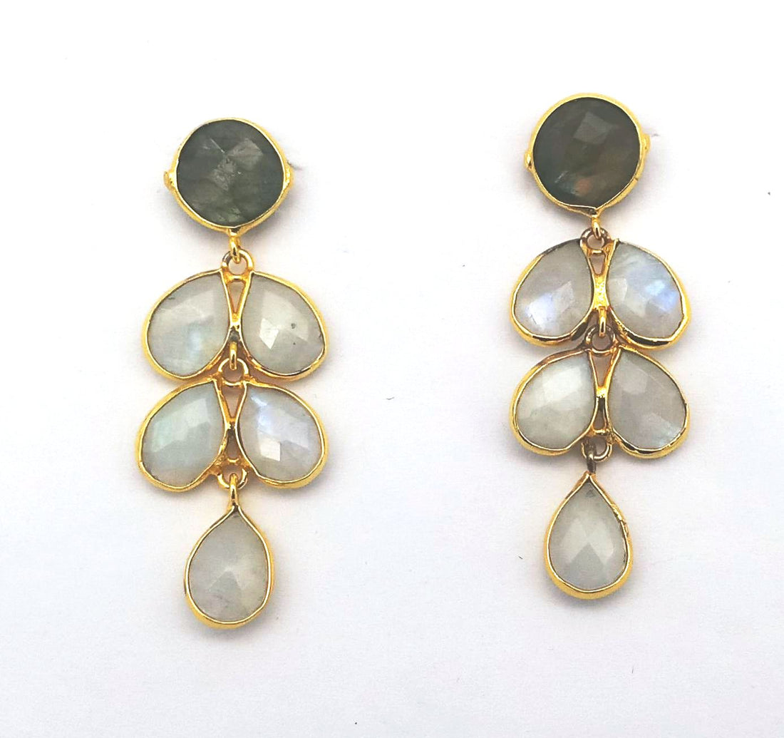 Fine Handcrafted Gold plated Labradorite White Rainbow stone light weight Leaf Designer Dangle Drop Earrings