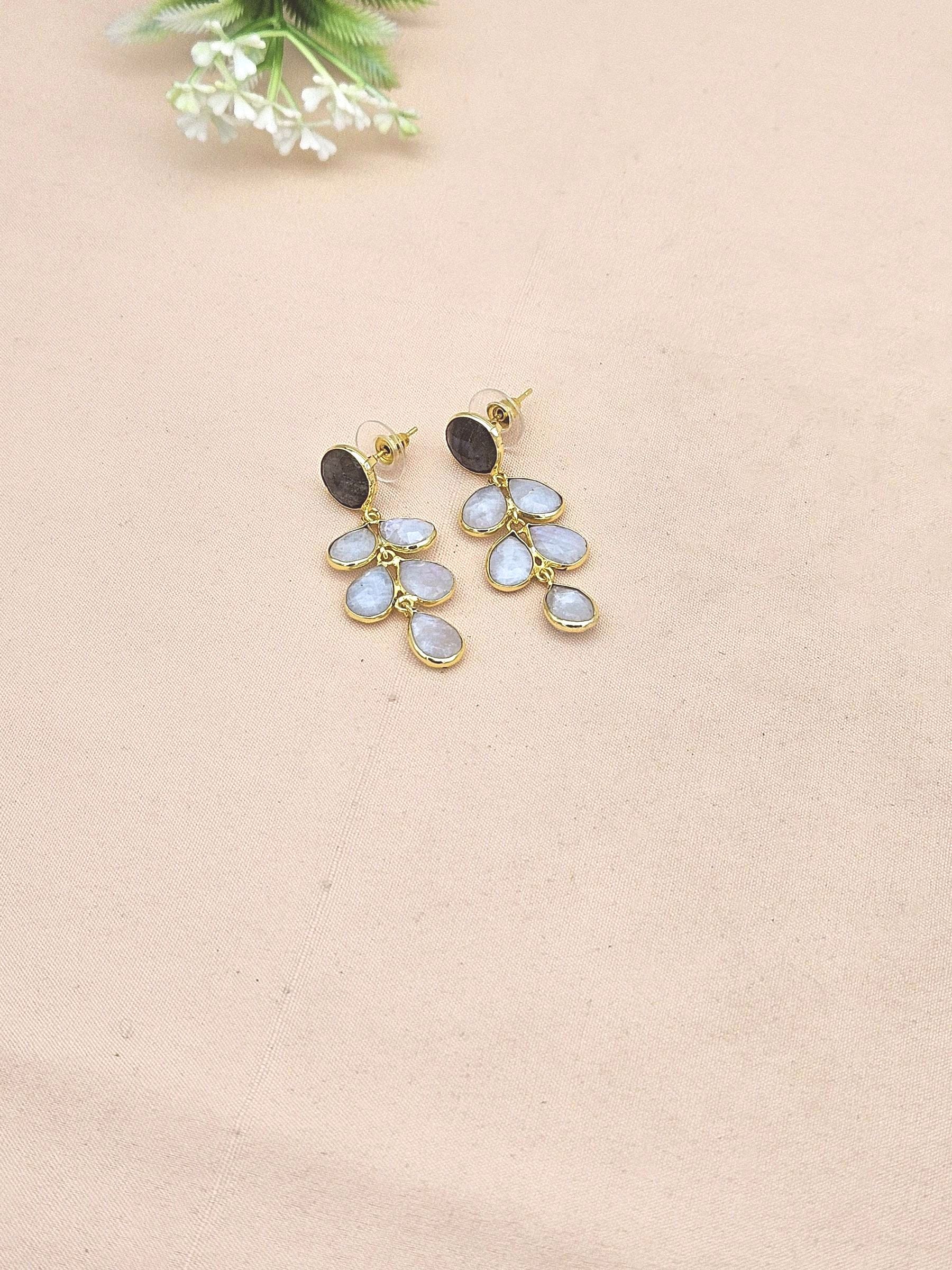 Fine Handcrafted Gold plated Labradorite White Rainbow stone light weight Leaf Designer Dangle Drop Earrings