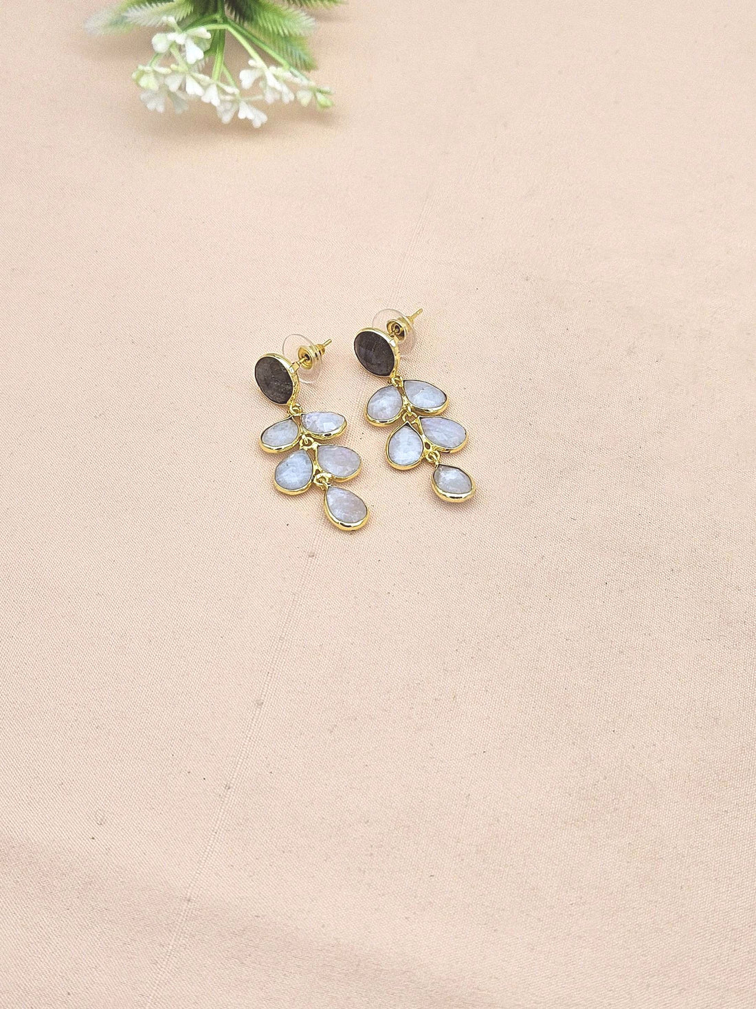Fine Handcrafted Gold plated Labradorite White Rainbow stone light weight Leaf Designer Dangle Drop Earrings