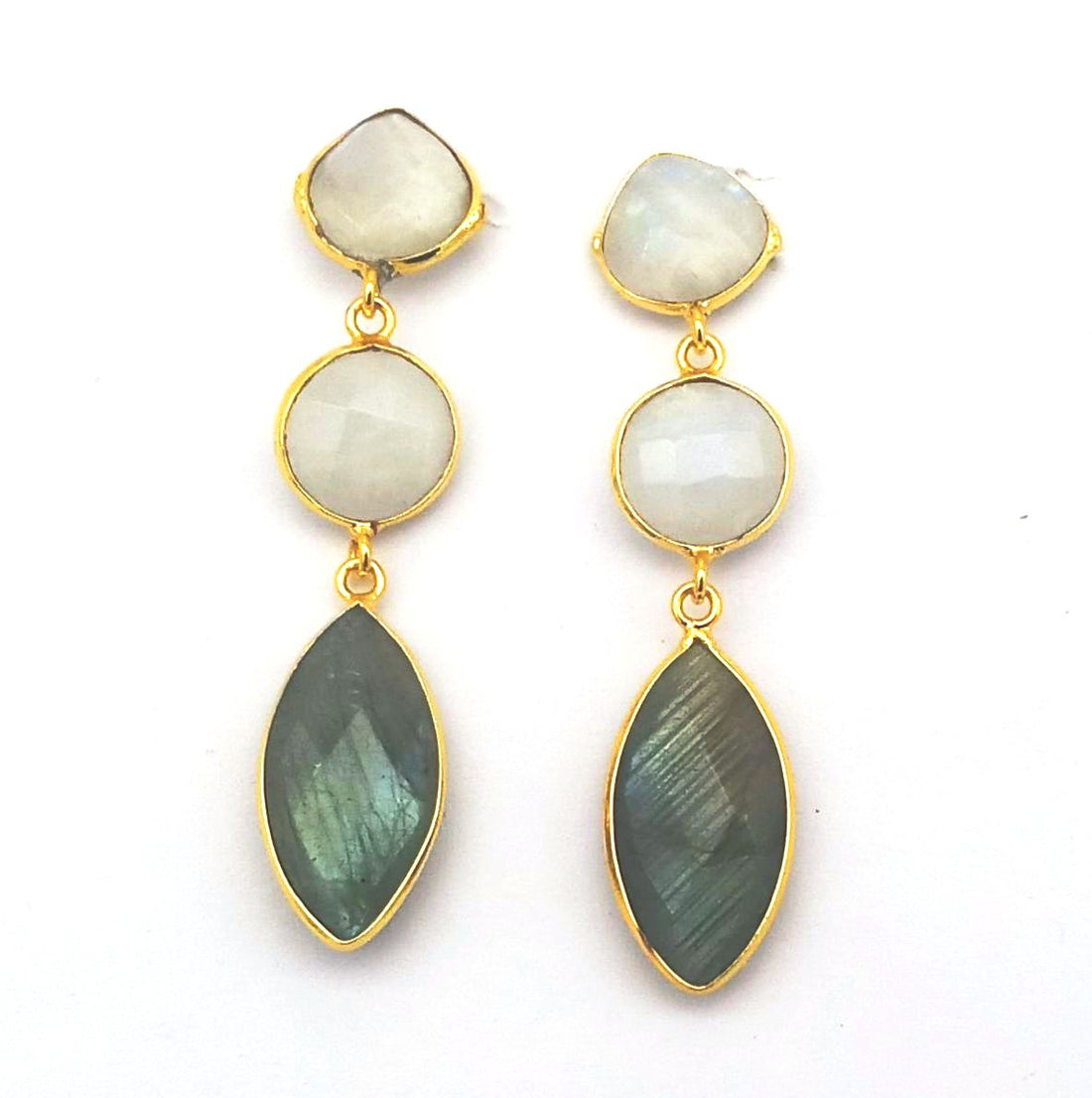 Fine Handcrafted Gold plated White Rainbow-Labradorite stone light weight Leaf Designer Dangle Drop Earrings