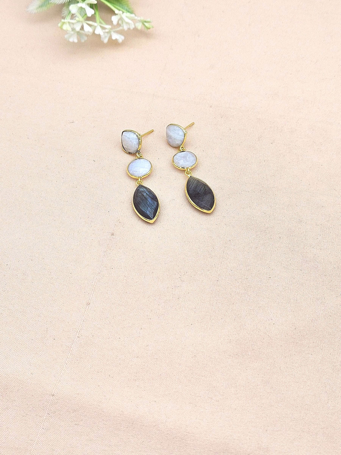 Fine Handcrafted Gold plated White Rainbow-Labradorite stone light weight Leaf Designer Dangle Drop Earrings