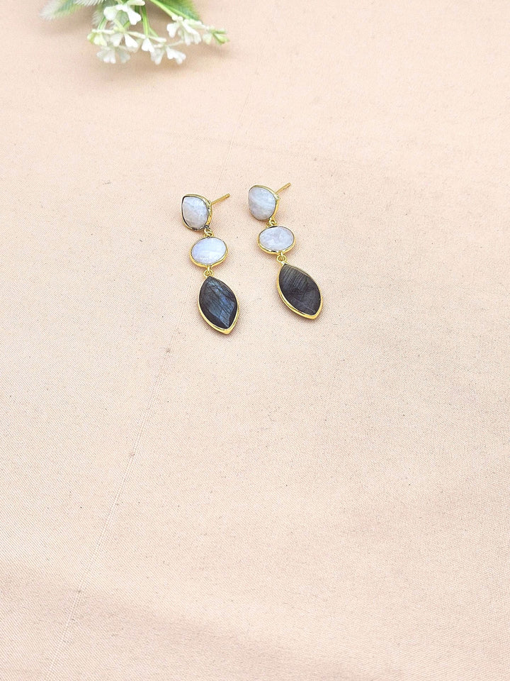 Fine Handcrafted Gold plated White Rainbow-Labradorite stone light weight Leaf Designer Dangle Drop Earrings