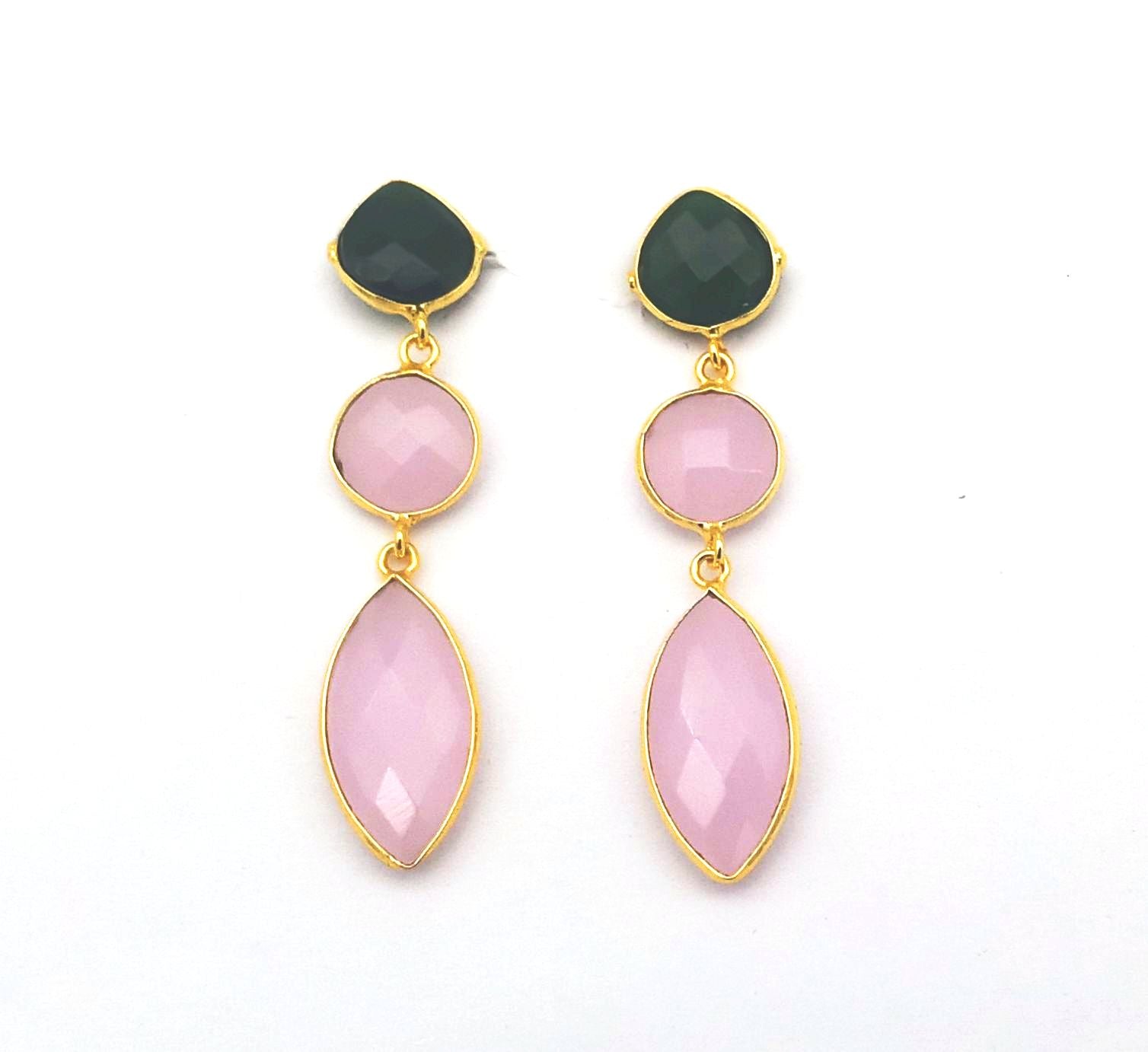 Fine Handcrafted Gold plated Green & Rose Quartz stone light weight Leaf Designer Dangle Drop Earrings