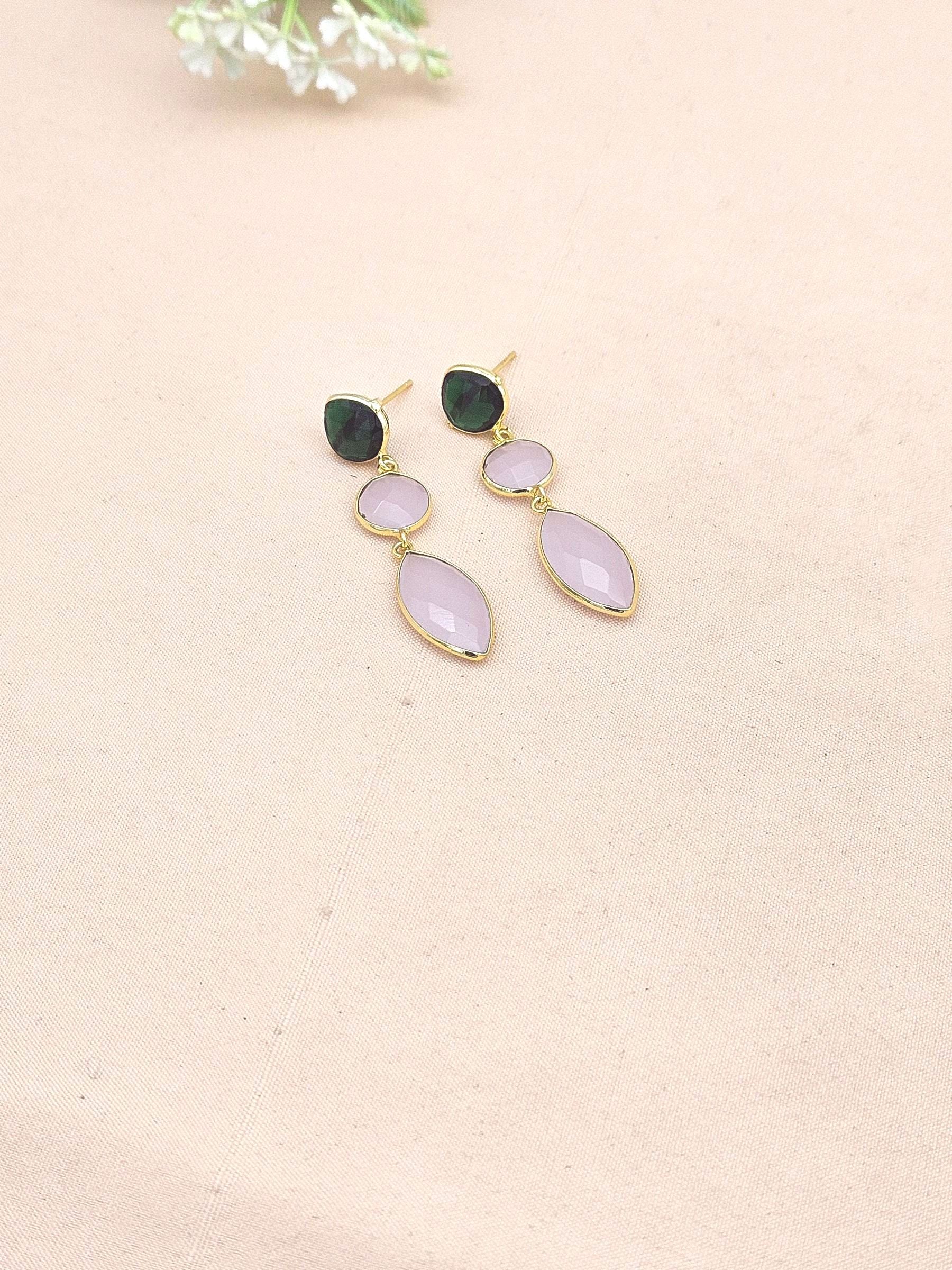 Fine Handcrafted Gold plated Green & Rose Quartz stone light weight Leaf Designer Dangle Drop Earrings
