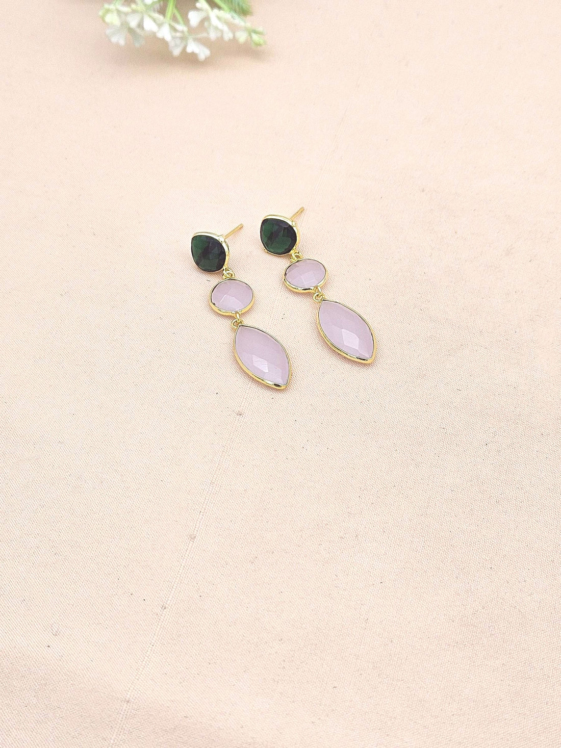 Fine Handcrafted Gold plated Green & Rose Quartz stone light weight Leaf Designer Dangle Drop Earrings