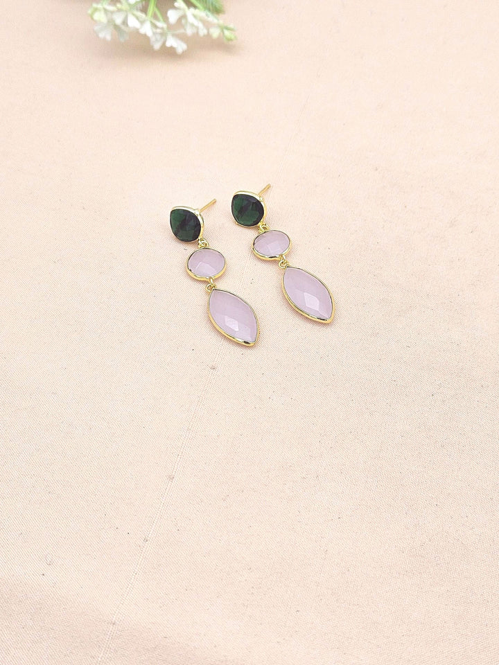 Fine Handcrafted Gold plated Green & Rose Quartz stone light weight Leaf Designer Dangle Drop Earrings