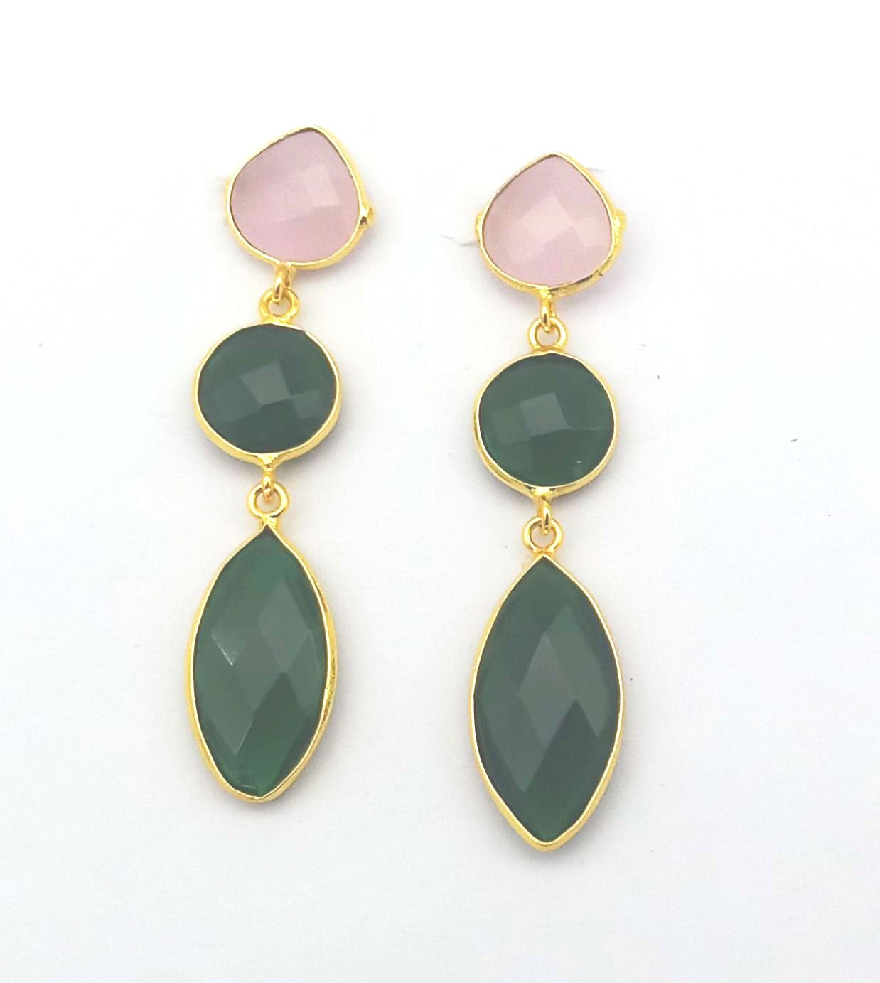 Fine Handcrafted Gold plated Rose Quartz & Green Quartz stone light weight Leaf Designer Dangle Drop Earrings