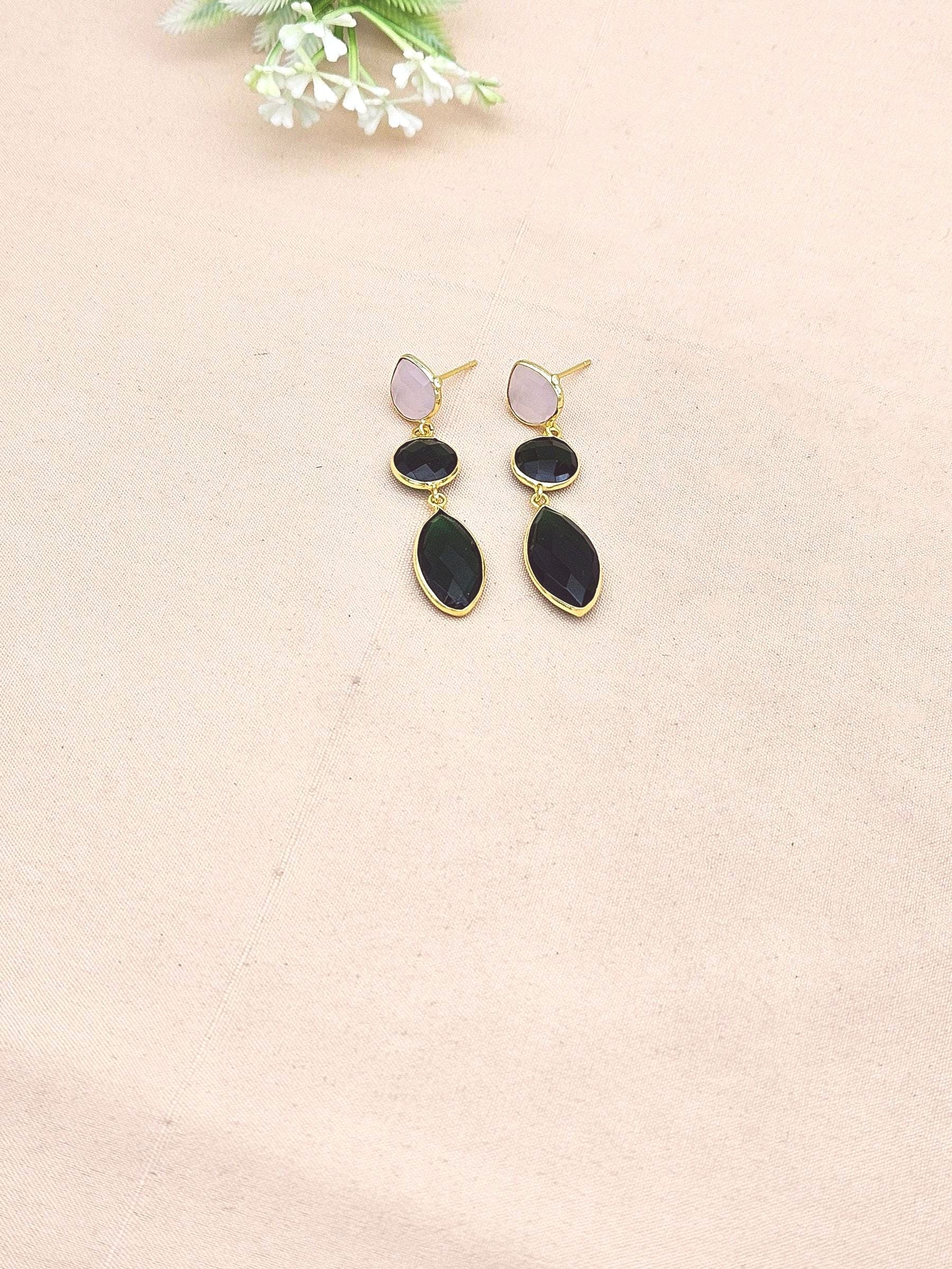 Fine Handcrafted Gold plated Rose Quartz & Green Quartz stone light weight Leaf Designer Dangle Drop Earrings