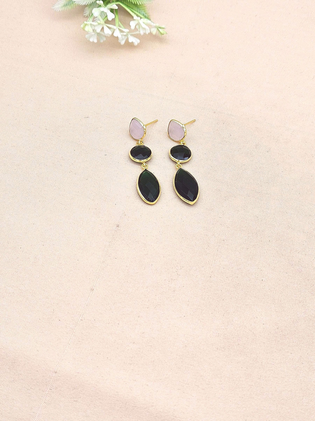 Fine Handcrafted Gold plated Rose Quartz & Green Quartz stone light weight Leaf Designer Dangle Drop Earrings