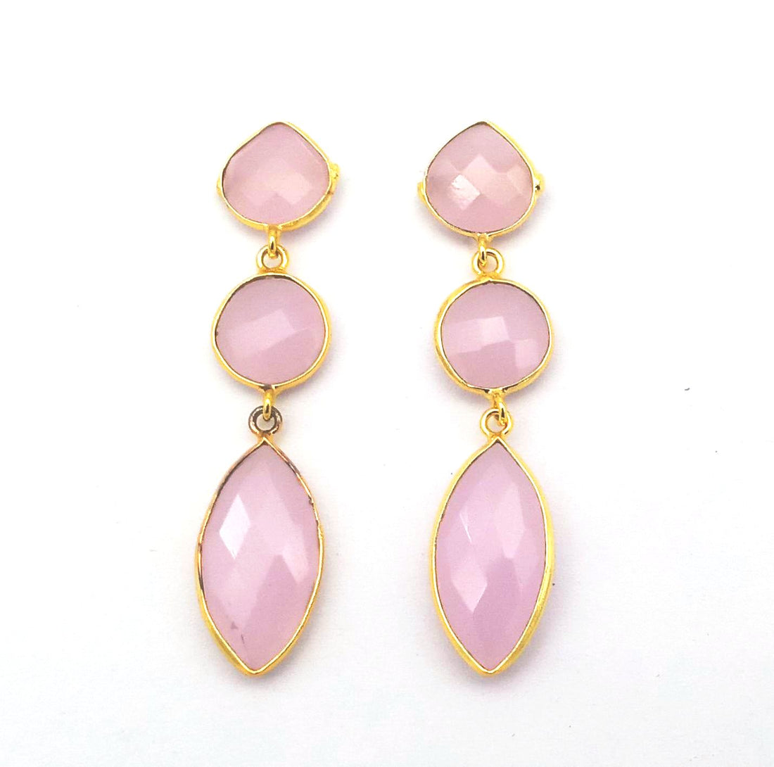 Fine Handcrafted Gold plated Rose Quartz stone light weight Leaf Designer Dangle Drop Earrings