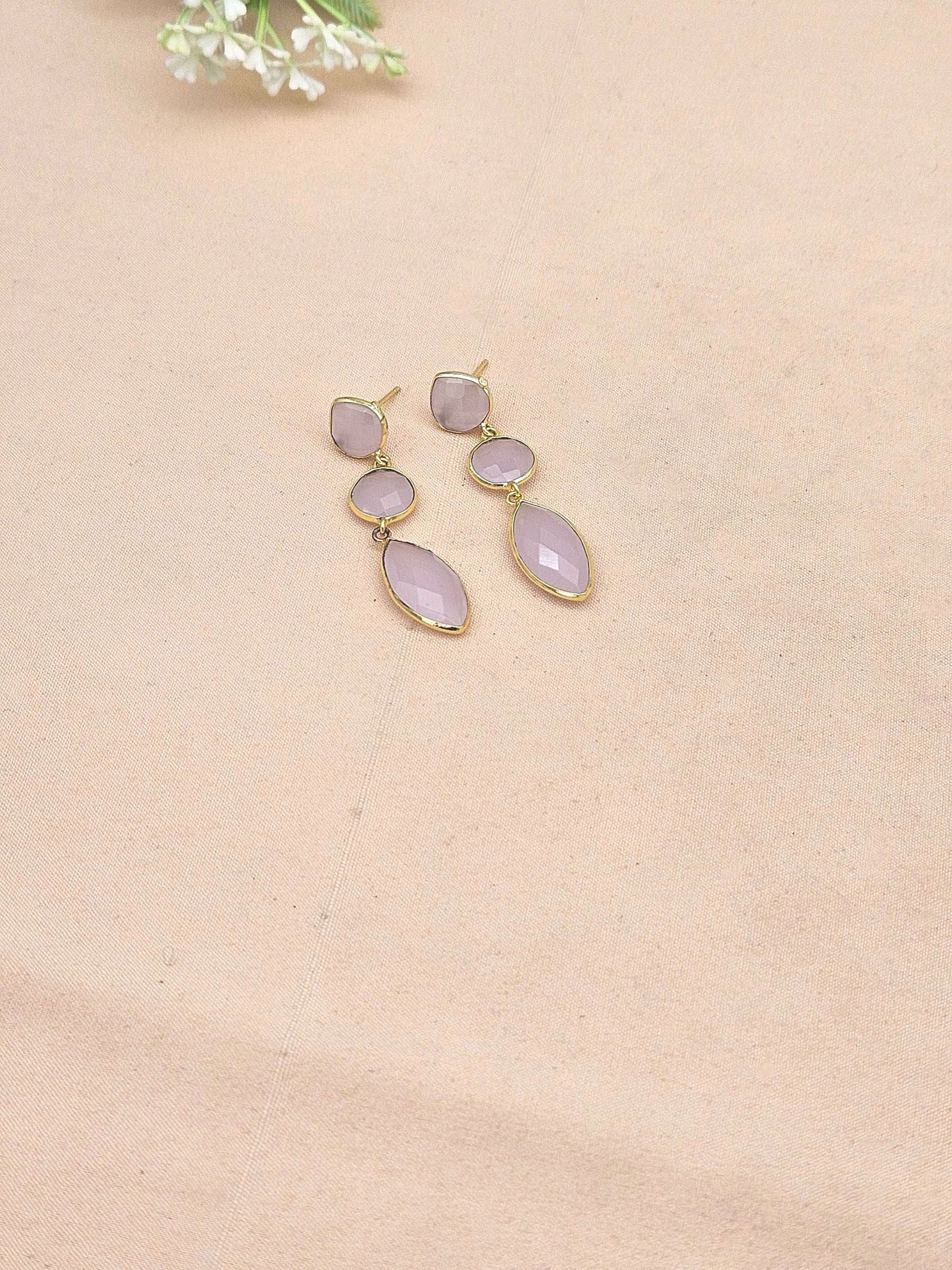 Fine Handcrafted Gold plated Rose Quartz stone light weight Leaf Designer Dangle Drop Earrings