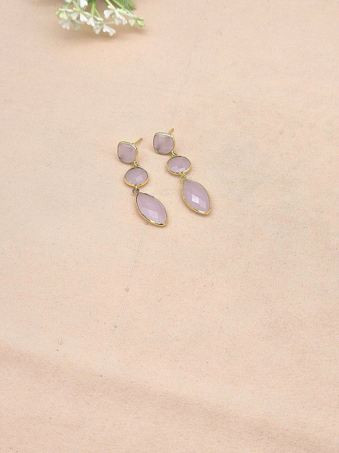 Fine Handcrafted Gold plated Rose Quartz stone light weight Leaf Designer Dangle Drop Earrings