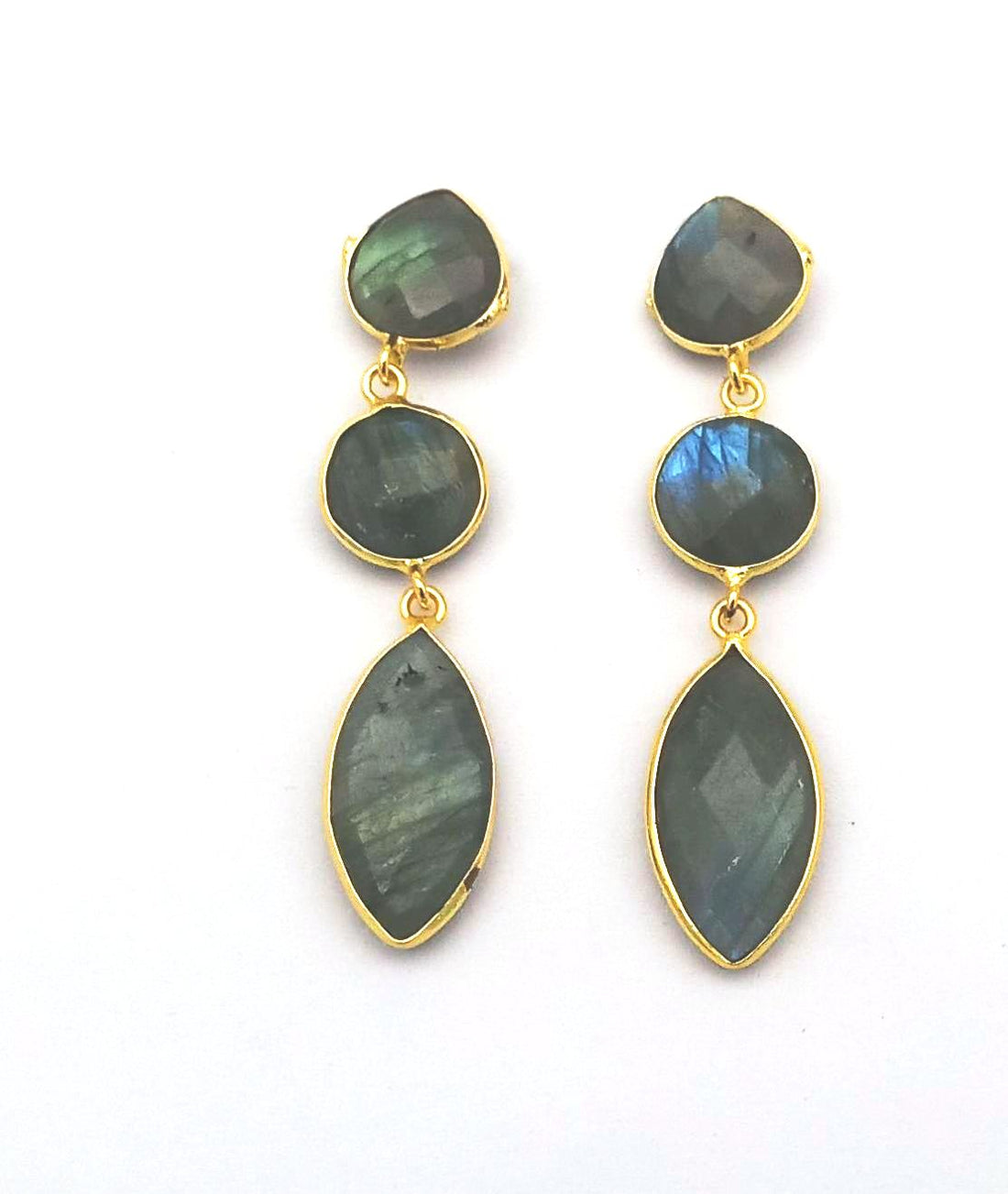 Fine Handcrafted Gold plated Labradorite stone light weight Leaf Designer Dangle Drop Earrings
