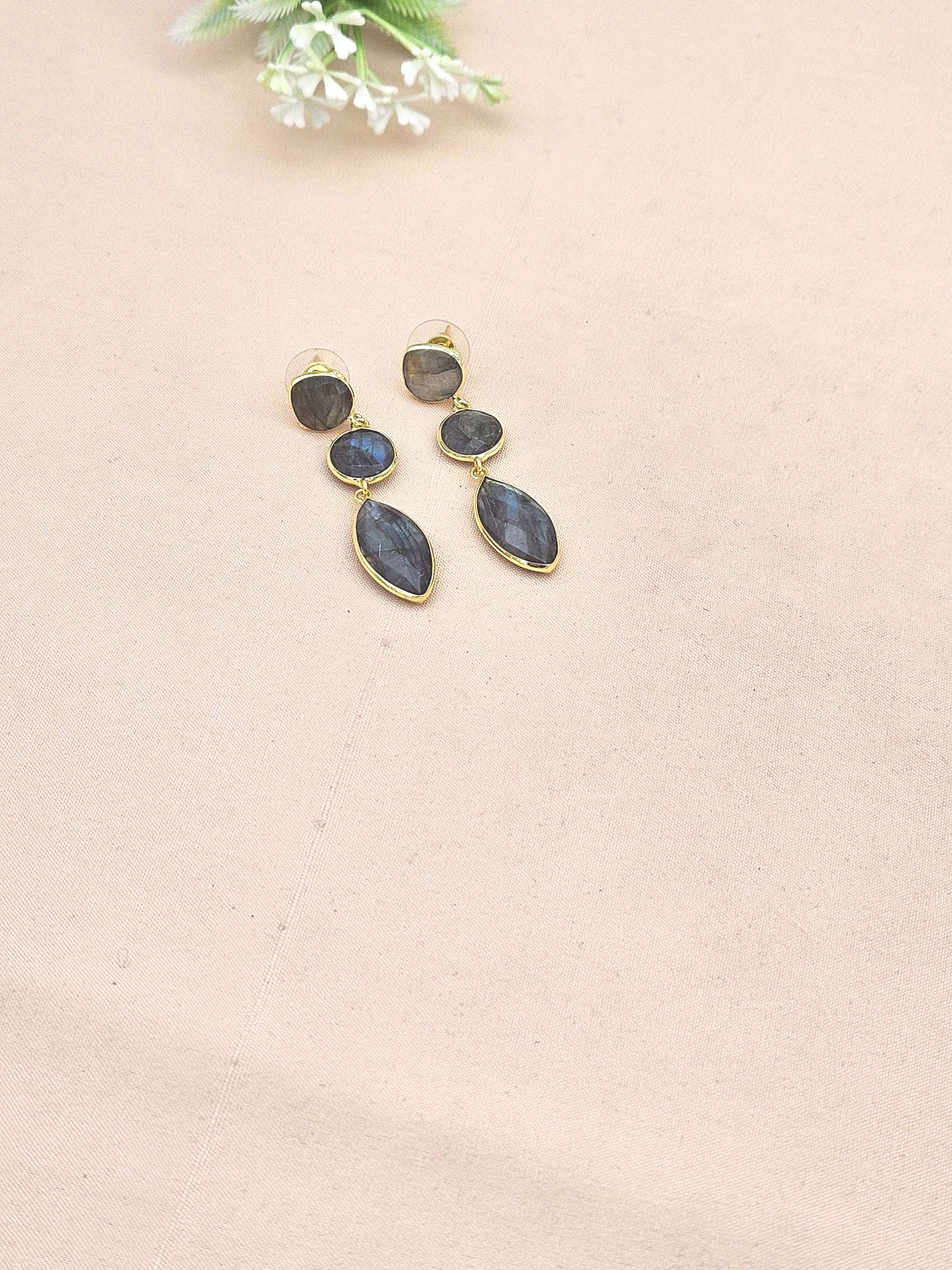 Fine Handcrafted Gold plated Labradorite stone light weight Leaf Designer Dangle Drop Earrings