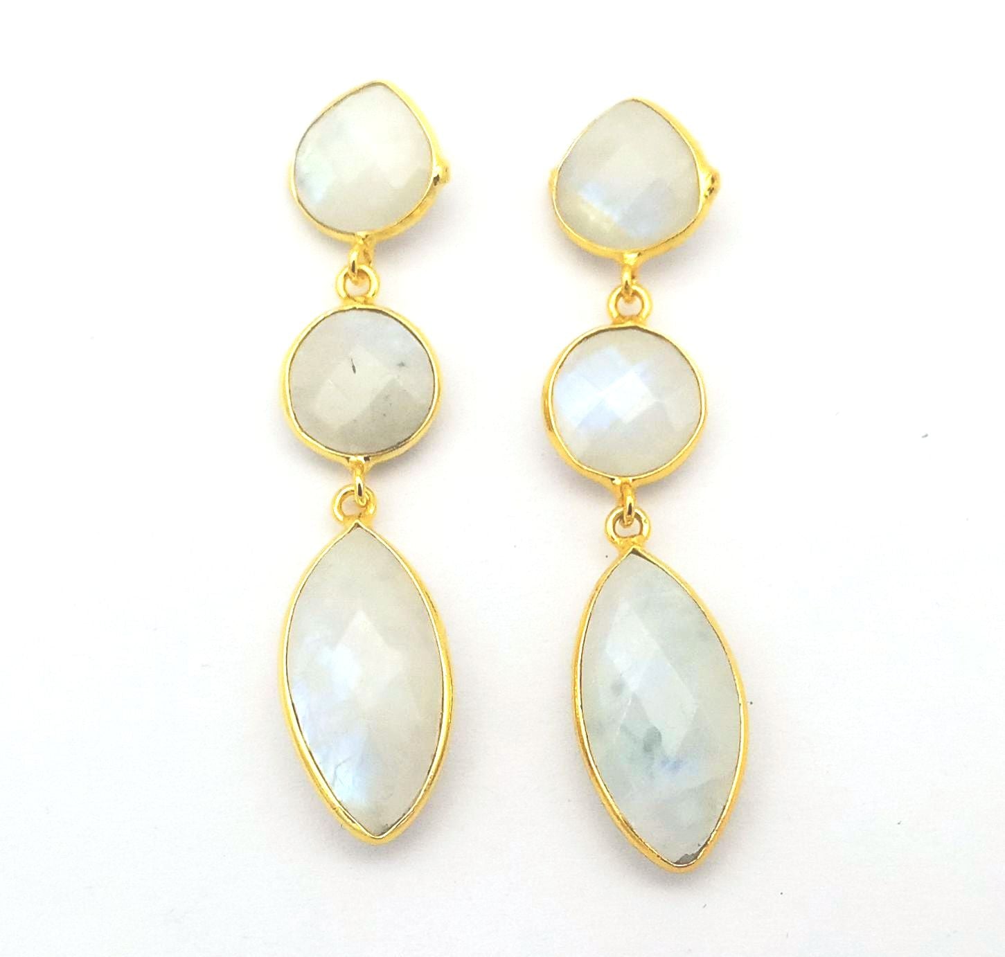 Fine Handcrafted Gold plated White Rainbow stone light weight Leaf Designer Dangle Drop Earrings