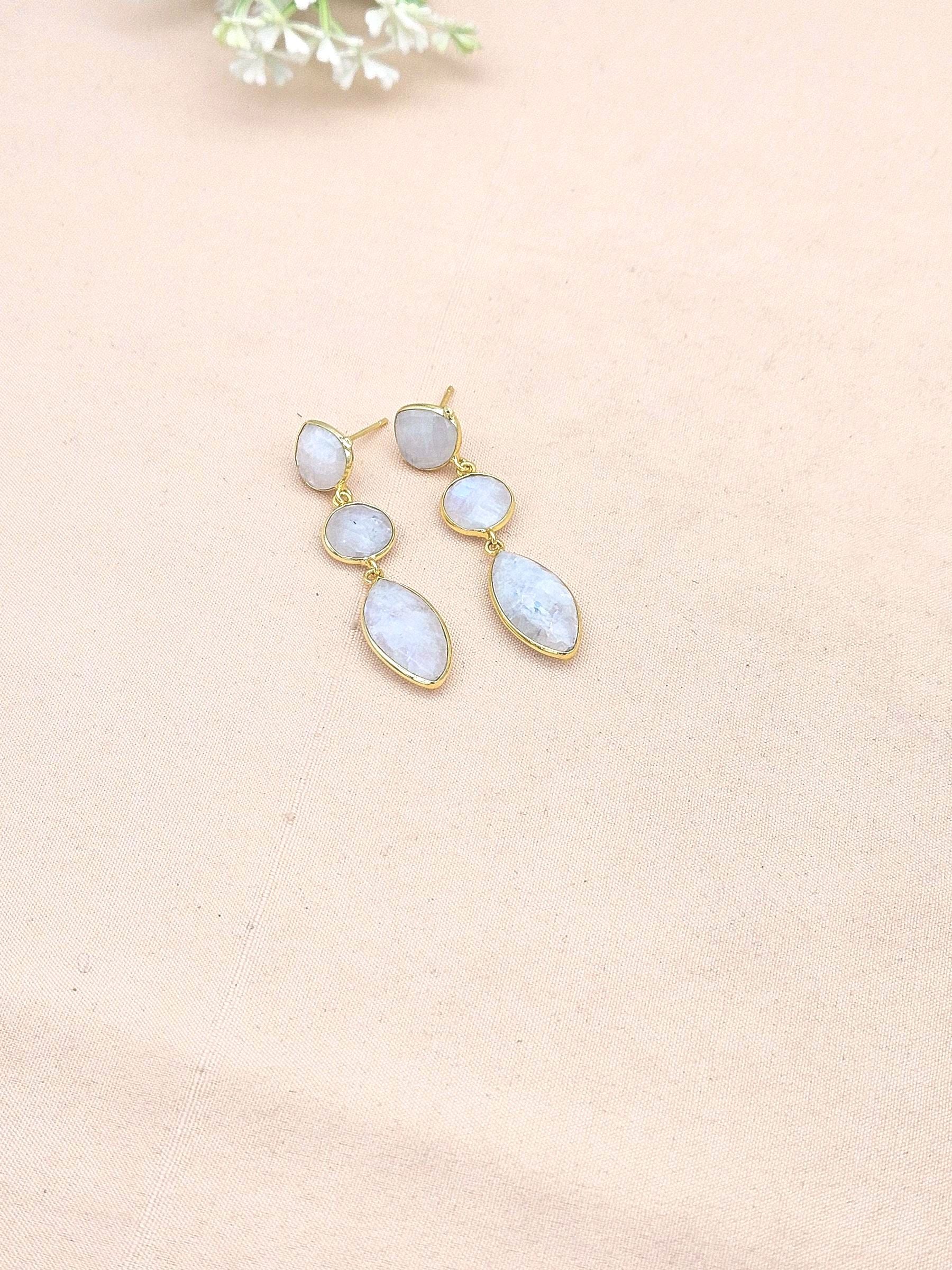 Fine Handcrafted Gold plated White Rainbow stone light weight Leaf Designer Dangle Drop Earrings
