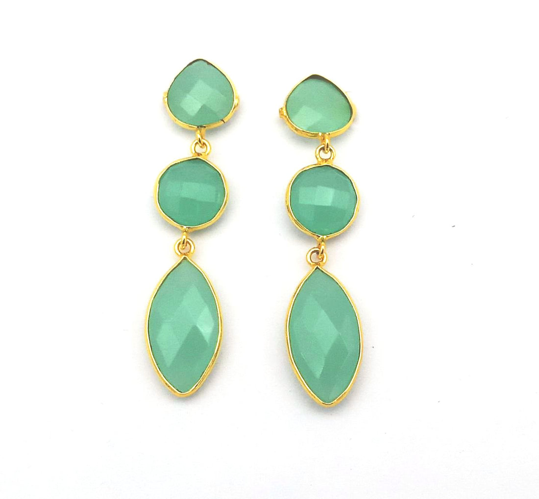 Fine Handcrafted Gold plated Aquamarine stone light weight Leaf Designer Dangle Drop Earrings