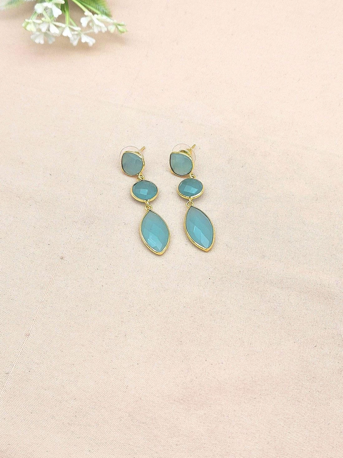 Fine Handcrafted Gold plated Aquamarine stone light weight Leaf Designer Dangle Drop Earrings