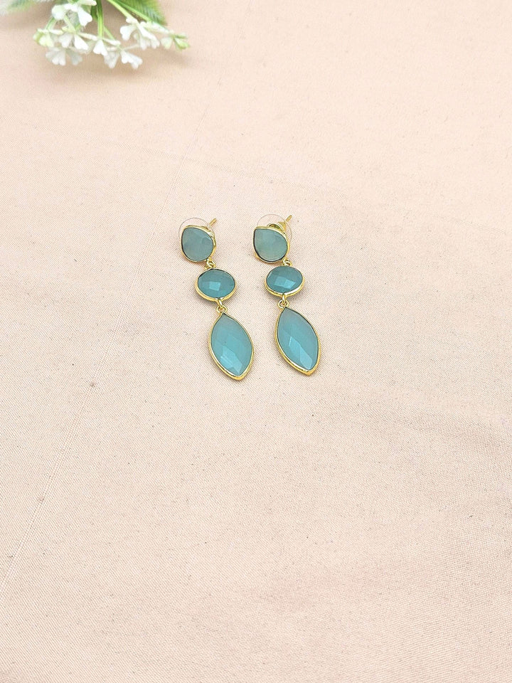 Fine Handcrafted Gold plated Aquamarine stone light weight Leaf Designer Dangle Drop Earrings