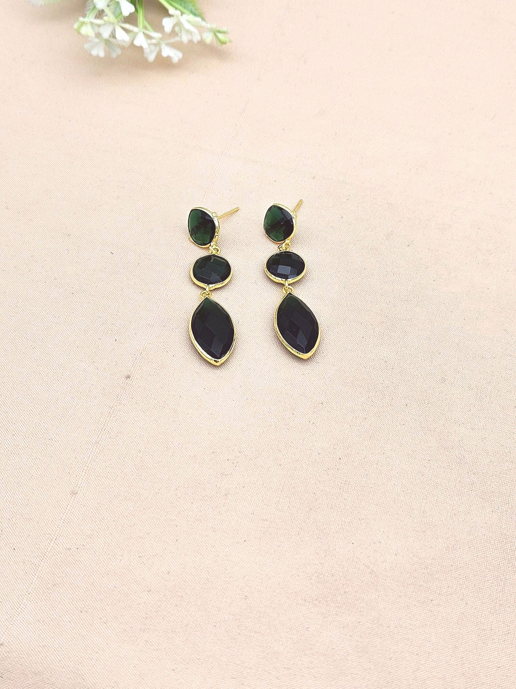 Fine Handcrafted Gold plated Green Glass stone light weight Leaf Designer Dangle Drop Earrings