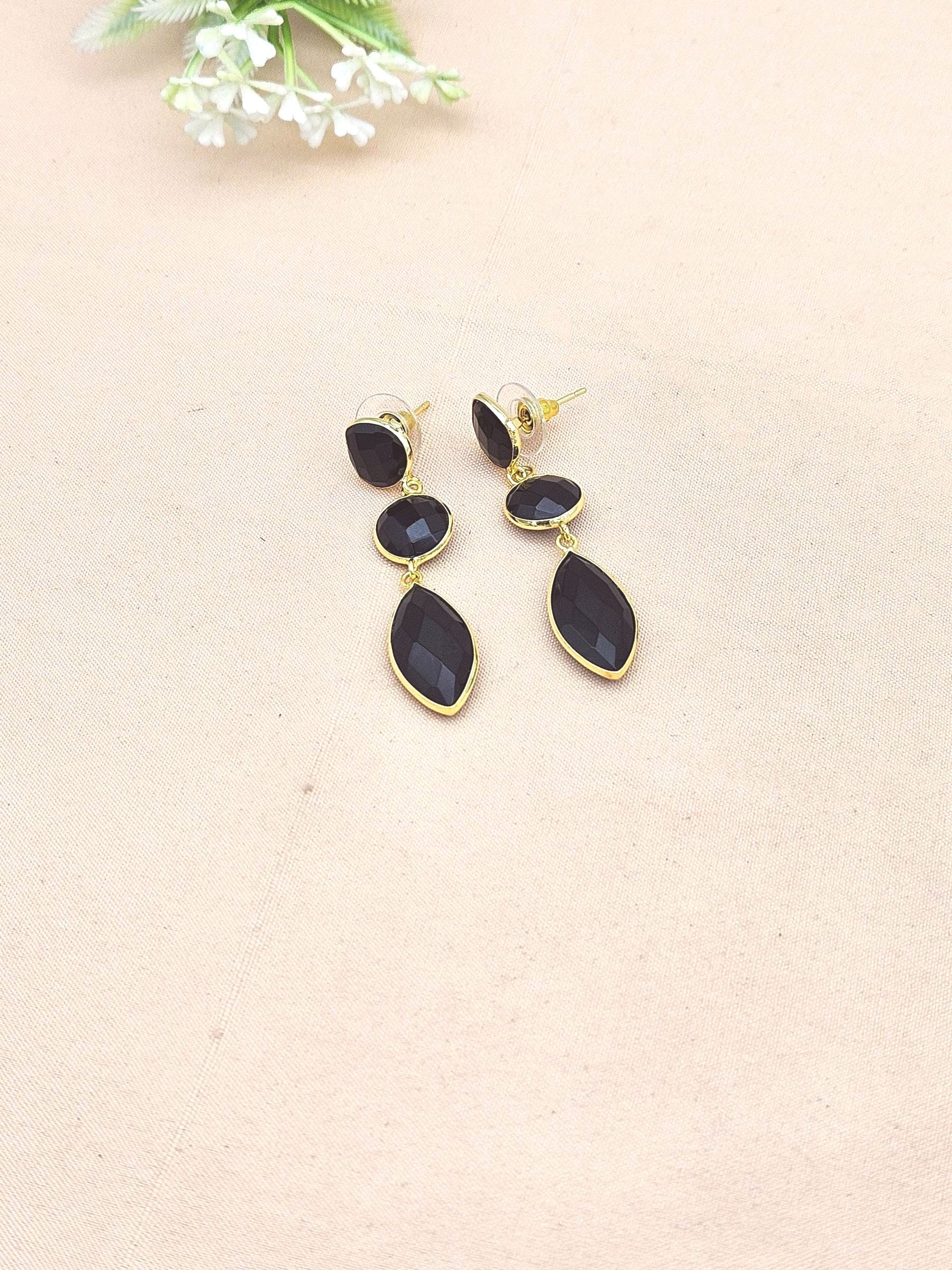 Fine Handcrafted Gold plated Black Glass stone light weight Leaf Designer Dangle Drop Earrings