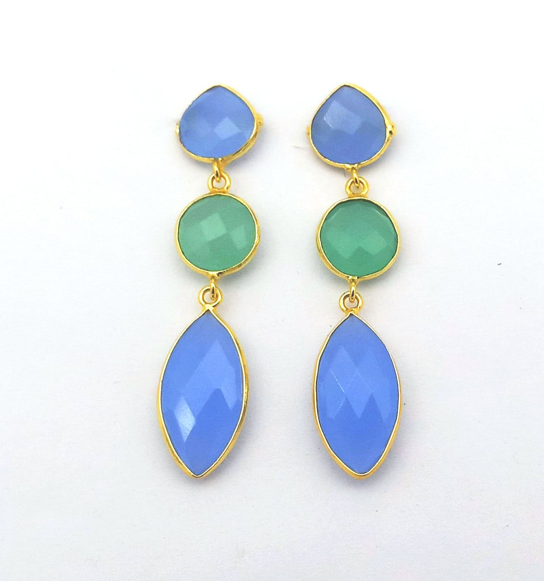 Fine Handcrafted Gold plated Chalcedony-Aquamarine stone light weight Leaf Designer Dangle Drop Earrings
