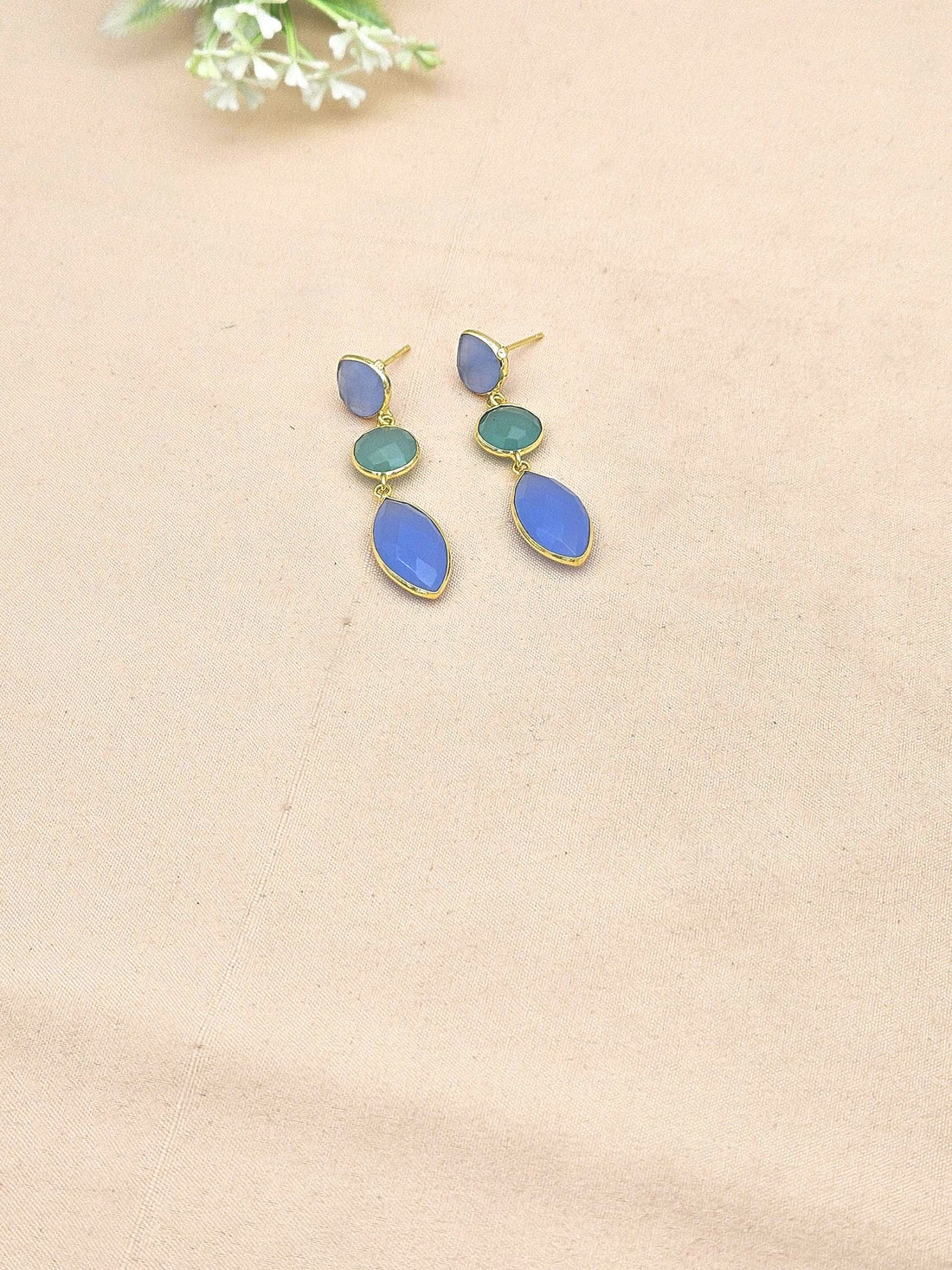 Fine Handcrafted Gold plated Chalcedony-Aquamarine stone light weight Leaf Designer Dangle Drop Earrings