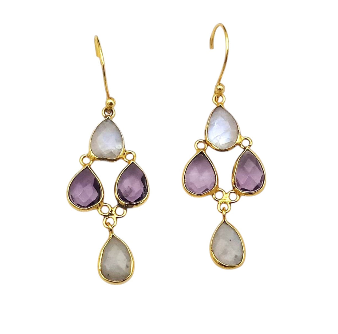 Fine Handcrafted Gold plated White Rainbow-Amethyst light weight Bezel Designer Dangle Drop Earrings