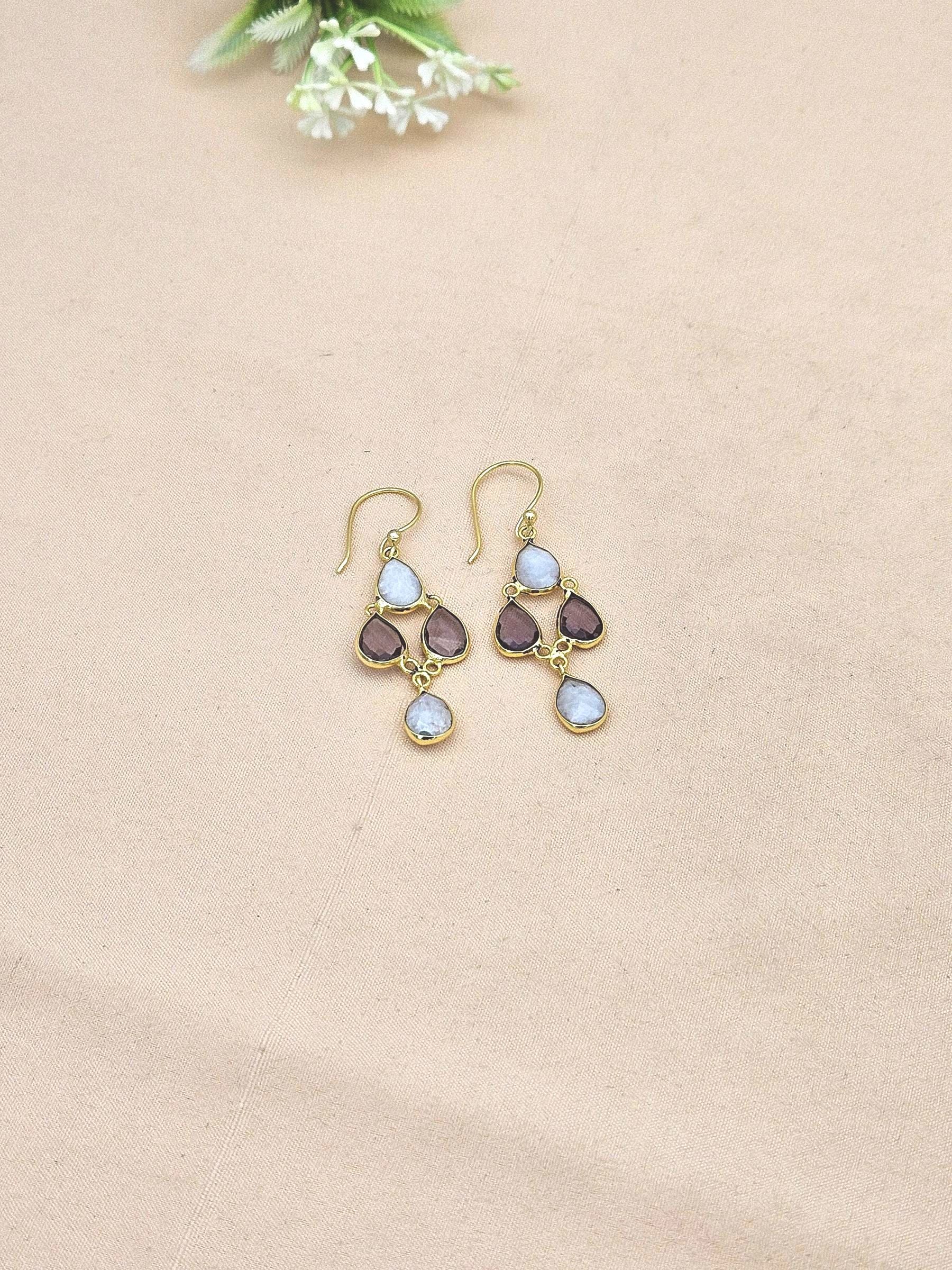 Fine Handcrafted Gold plated White Rainbow-Amethyst light weight Bezel Designer Dangle Drop Earrings