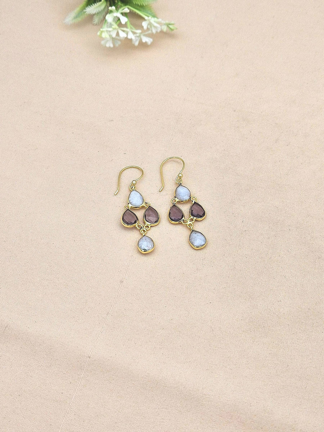 Fine Handcrafted Gold plated White Rainbow-Amethyst light weight Bezel Designer Dangle Drop Earrings