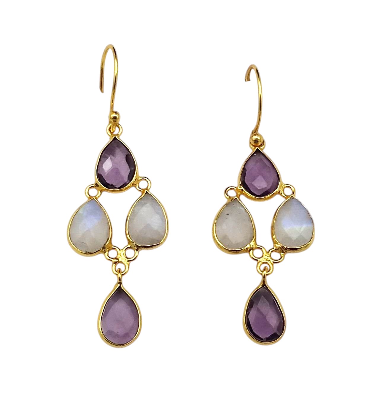 Fine Handcrafted Gold plated Amethyst-White Rainbow light weight Bezel Designer Dangle Drop Earrings