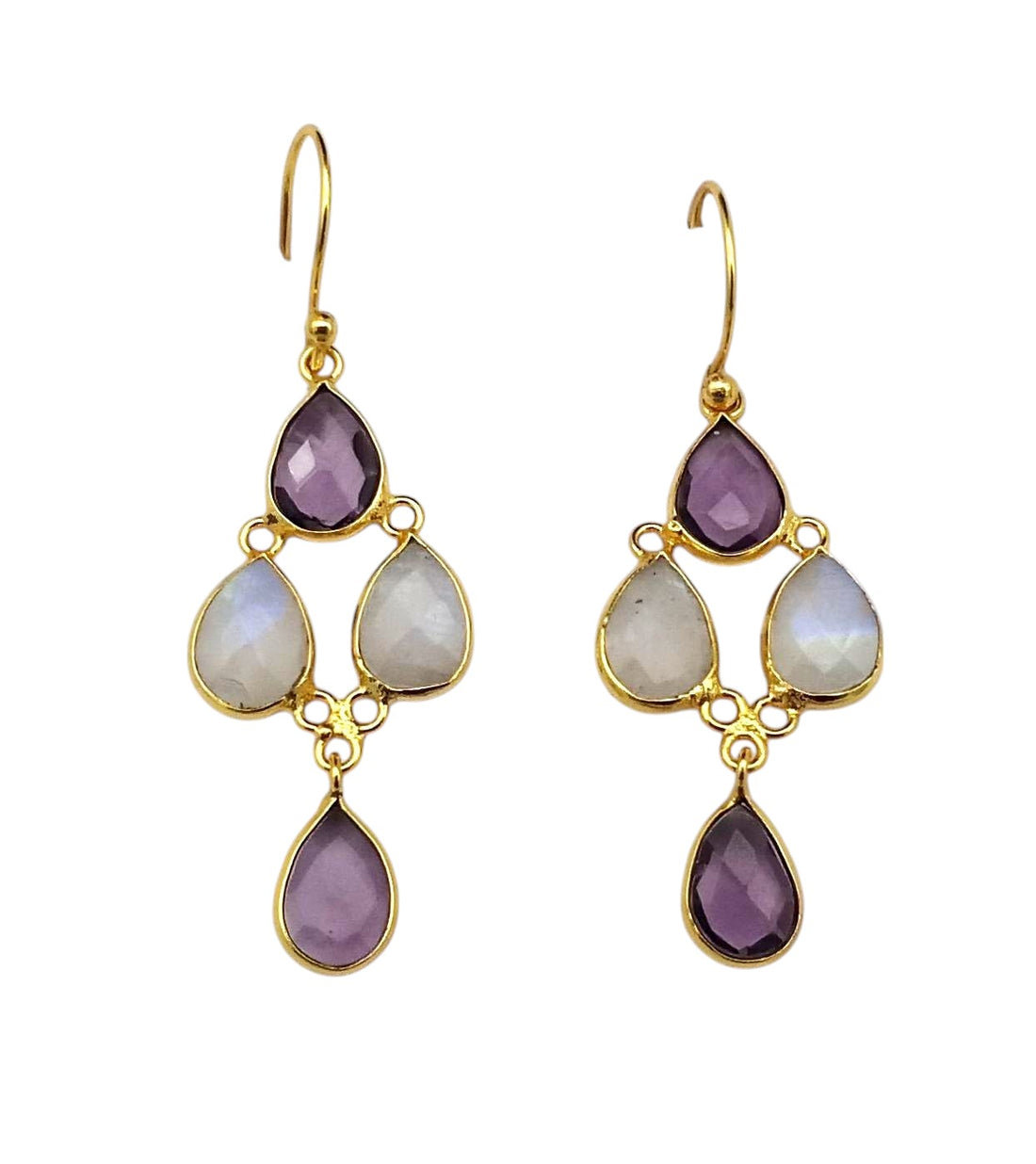 Fine Handcrafted Gold plated Amethyst-White Rainbow light weight Bezel Designer Dangle Drop Earrings