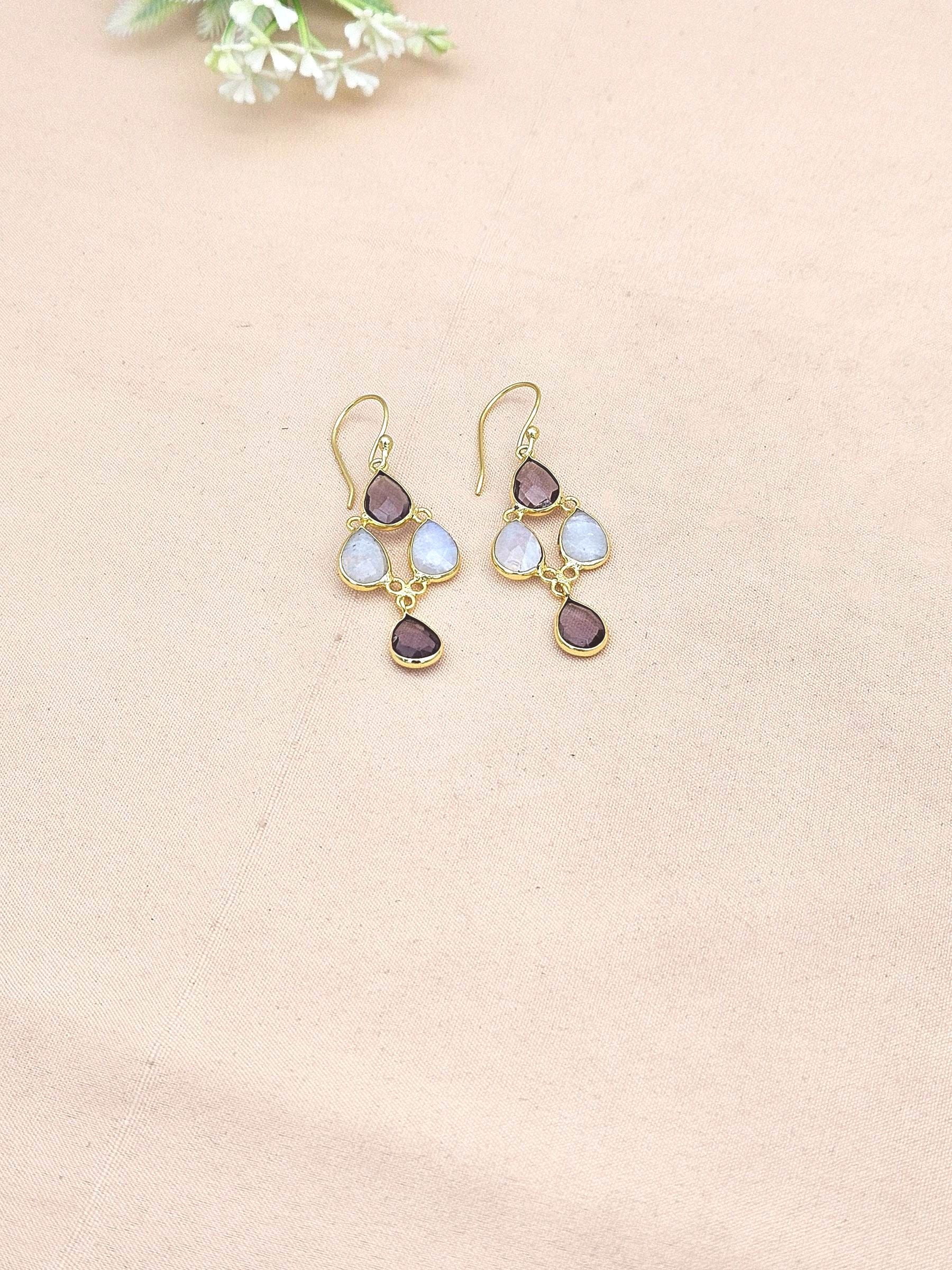 Fine Handcrafted Gold plated Amethyst-White Rainbow light weight Bezel Designer Dangle Drop Earrings