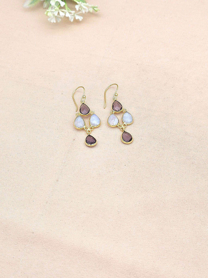 Fine Handcrafted Gold plated Amethyst-White Rainbow light weight Bezel Designer Dangle Drop Earrings