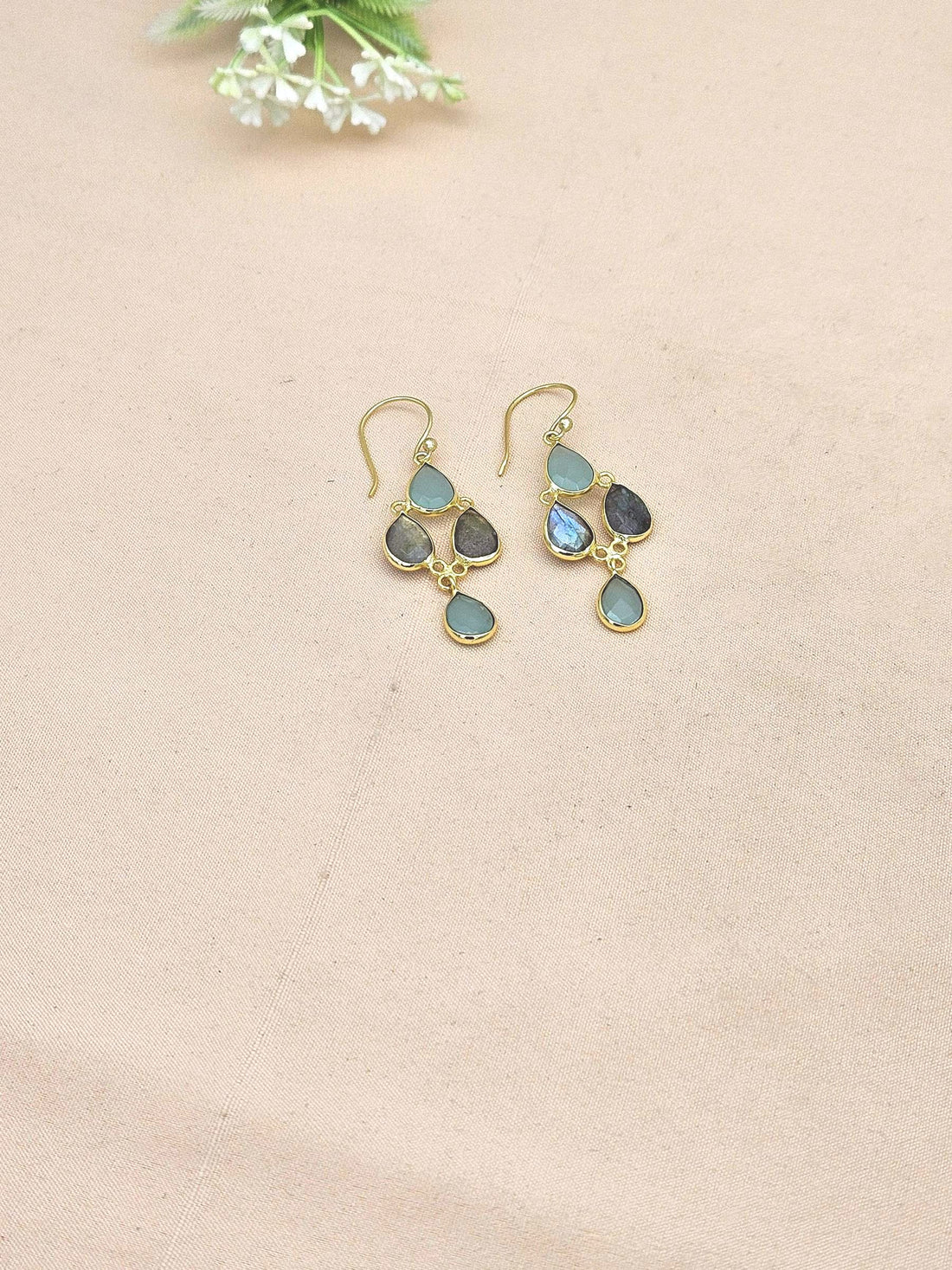 Fine Handcrafted Gold plated Aqua-Labradorite light weight Bezel Designer Dangle Drop Earrings