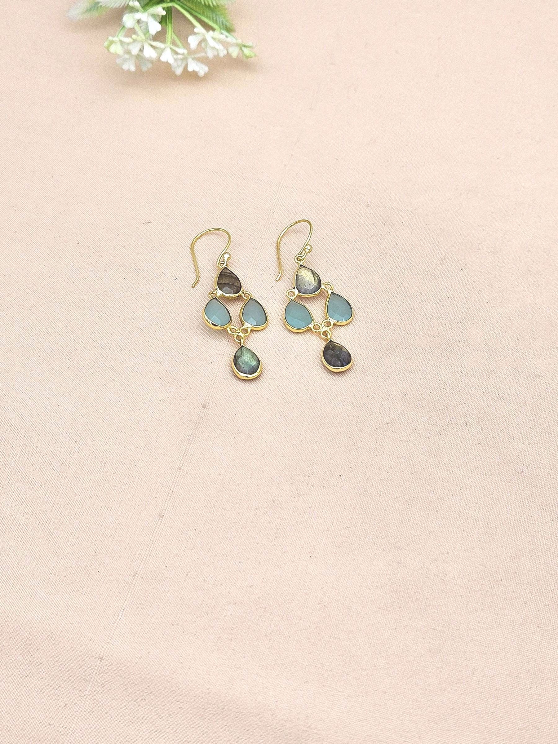 Fine Handcrafted Gold plated Labradorite-Aqua light weight Bezel Designer Dangle Drop Earrings